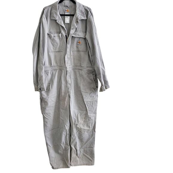 Carhartt FR Men 48 Tall Gray Coveralls Jumpsuit Thrashed Hole Stains Pocket Work - Picture 1 of 10